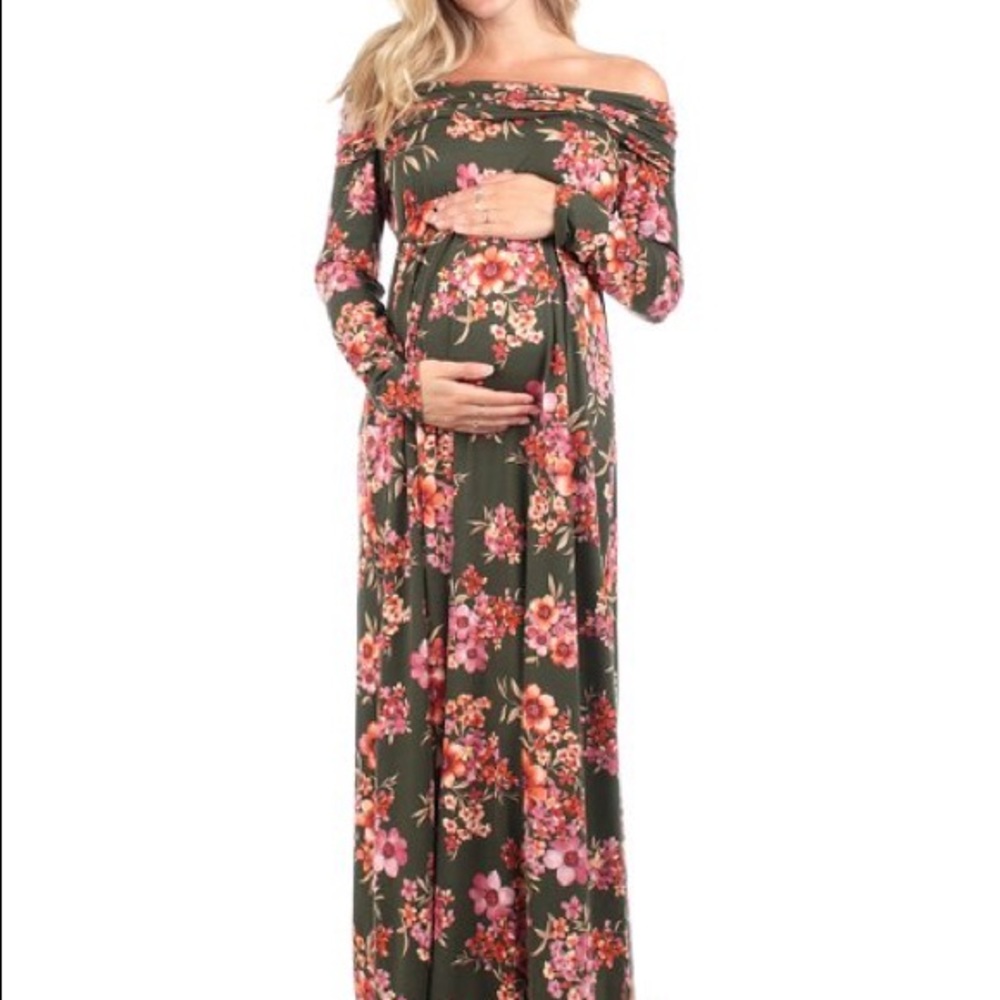 Olive Floral Off-Shoulder Maternity Maxi Dress